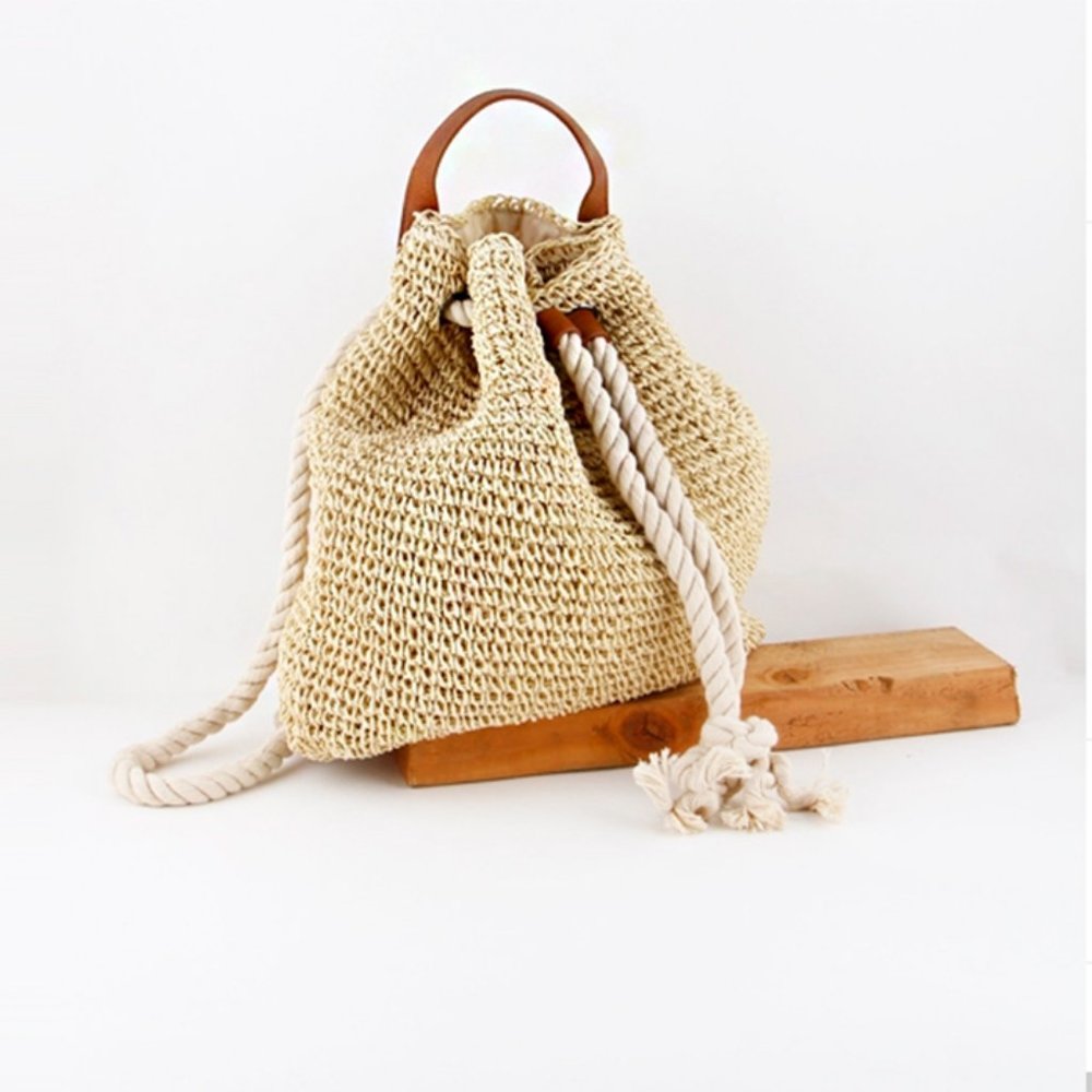 NWT Boho Beach Raffia Woven Rope Backpack - Picture 2 of 11